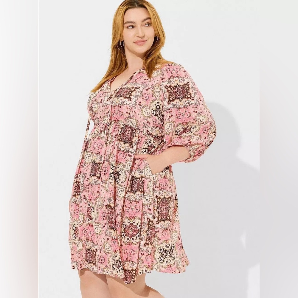 Torrid Medallion Pink Cottagecore  Mini Washable Gauze Tunic Dress Plus Size 1X